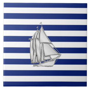 Chrome Sailboat on Nautical Stripes Tegeltje