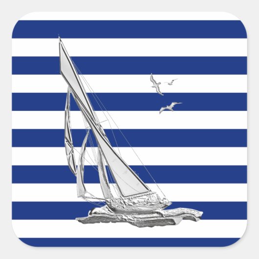 Chrome Sailing on Nautical Stripes Vierkante Sticker (Voorkant)