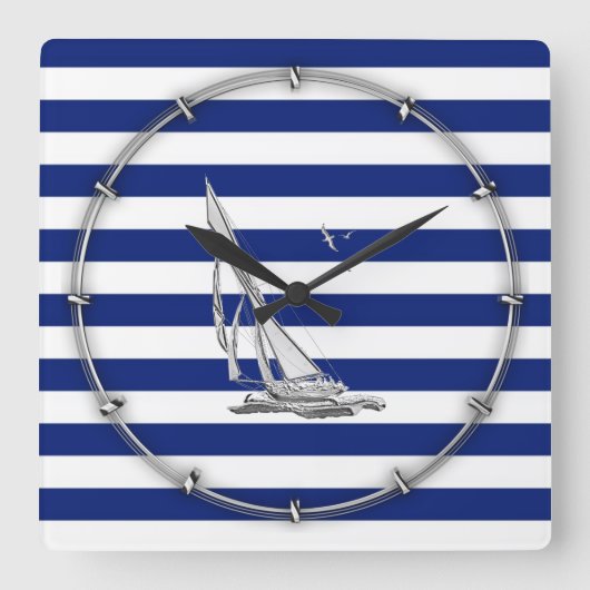 Chrome Sailing op Nautical Stripes Vierkante Klok (Voorkant)