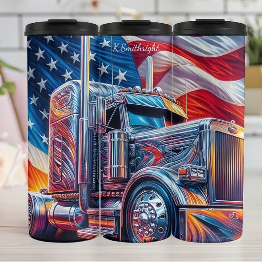 Chrome Semi Truck Amerikaanse Vlag Flow Thermosbeker
