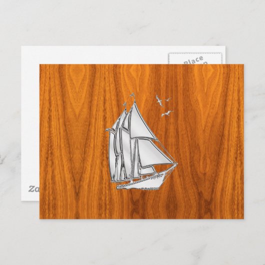 Chrome Silver als Sailboot op Teak Veneer Briefkaart (Voorkant / Achterkant)