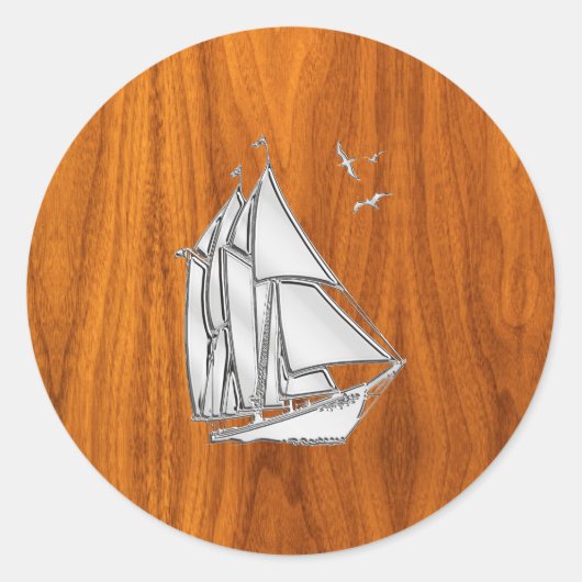 Chrome Silver als Sailboot op Teak Veneer Ronde Sticker (Voorkant)