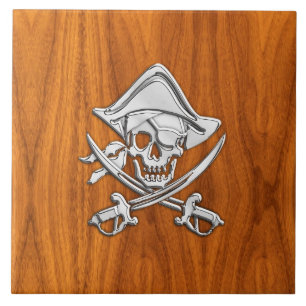 Chrome Silver Pirate on Teak Veneer Decor Tegeltje