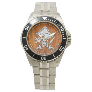 Chrome Silver Pirate op Teak Veneer Decor Horloge