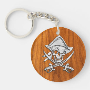 Chrome Silver Pirate op Teak Veneer Decor Sleutelhanger