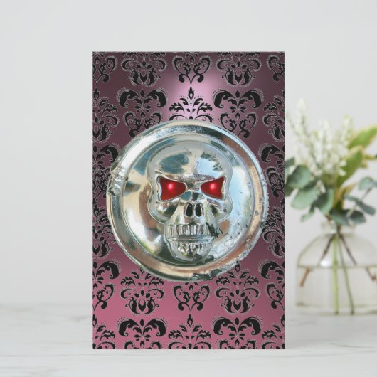 CHROME SKULL DAMASK Roze Paarse Amethyst Briefpapier (Staand voorkant)