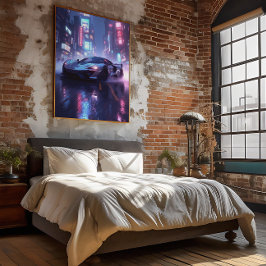 Chrome sportwagen in Cyberpunk Neon City bij nacht Perfect Poster