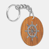 Chrome Stijl Scheepswiel op Teak Fineer Sleutelhanger (Voorkant Links)