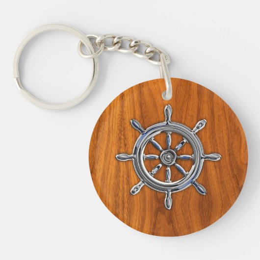 Chrome Stijl Scheepswiel op Teak Fineer Sleutelhanger (Voorkant)