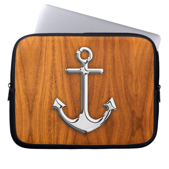 Chrome Style Anchor op Teak Veneer Laptop Sleeve (Voorkant)