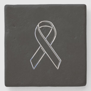 Chrome Style Black Ribbon Awareness on Black Stenen Onderzetter