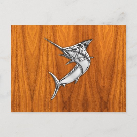 Chrome Style Marlin op Teak Wood Decor Briefkaart (Voorkant)