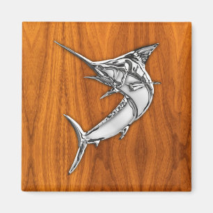 Chrome Style Marlin op Teak Wood Decor Magneet