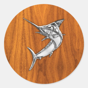Chrome Style Marlin op Teak Wood Decor Ronde Sticker