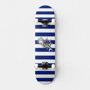 Chrome Style Mermaid op Nautical Stripes Skateboard