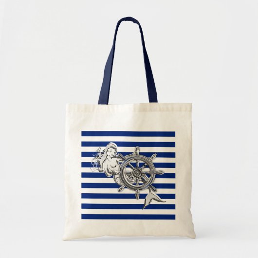 Chrome Style Mermaid op Nautical Stripes Tote Bag (Voorkant)