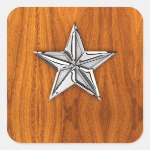 Chrome Style Nautical Star op Teak Veneer Vierkante Sticker