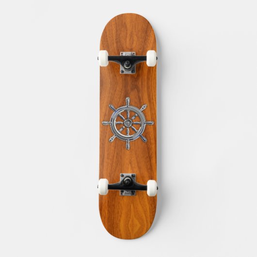 Chrome Style Nautical Wheel op Teak Veneer Skateboard (Voorkant)