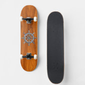 Chrome Style Nautical Wheel op Teak Veneer Skateboard (Voorkant)