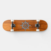 Chrome Style Nautical Wheel op Teak Veneer Skateboard (Horizontaal)