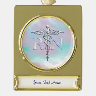 Chrome Style RN Caduceus Medical Moeder Pearl Kijk Verguld Banner Ornament