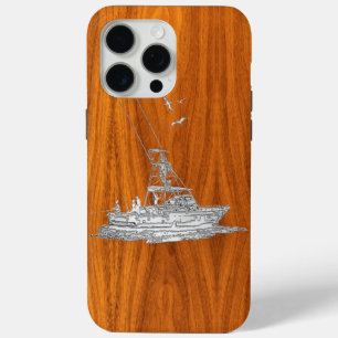 Chrome Style Vist boat op Teak Wood Decor iPhone 15 Pro Max Hoesje