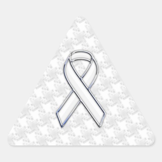 Chrome Style White Ribbon Awareness Houndstooth Driehoek Sticker (Voorkant)