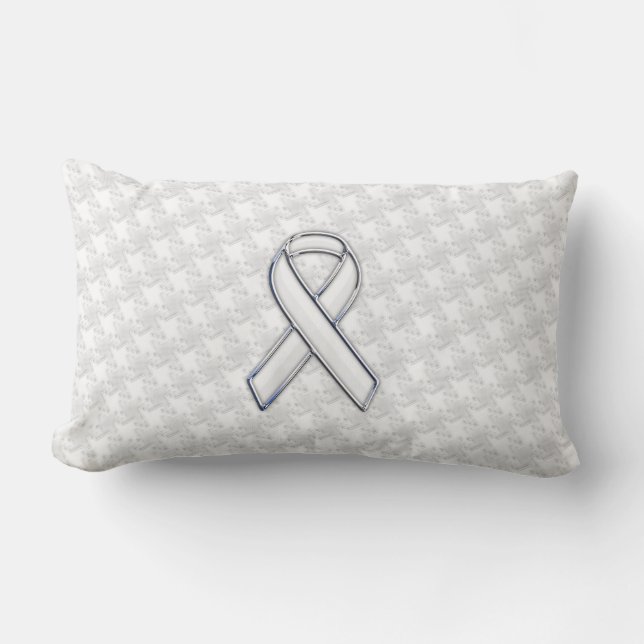 Chrome Style White Ribbon Awareness Houndstooth Kussen (Voorkant)