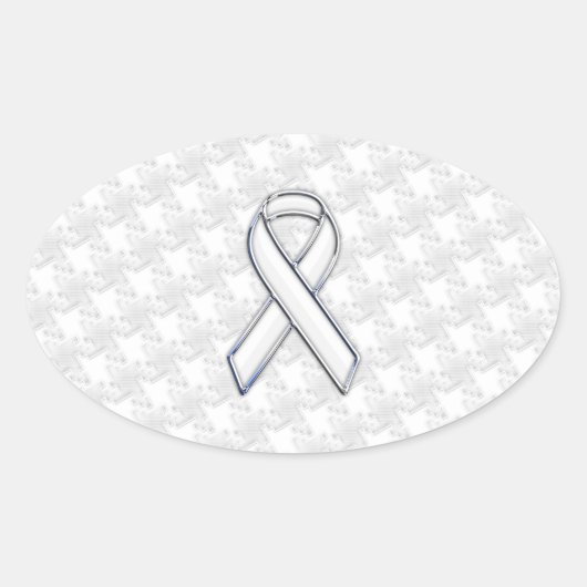Chrome Style White Ribbon Awareness Houndstooth Ovale Sticker (Voorkant)