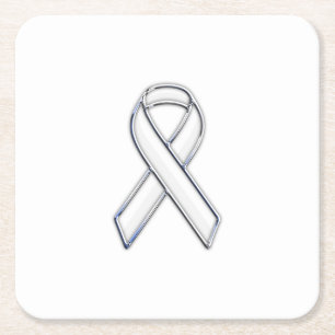 Chrome Style White Ribbon Awareness Vierkante Kartonnen Onderzetter