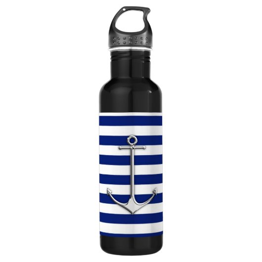 Chrome Thin Anchor on Nautical Stripes Waterfles (Voorkant)