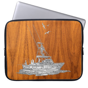 Chrome Vissersboot op Teak Houtnerf Decor Laptop Sleeve