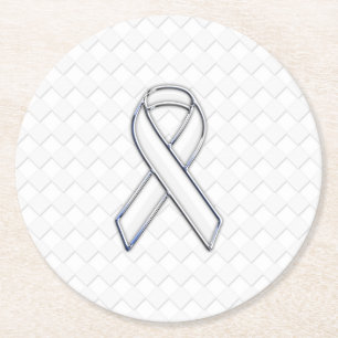 Chrome White Ribbon Awareness on Checkers Ronde Kartonnen Onderzetter