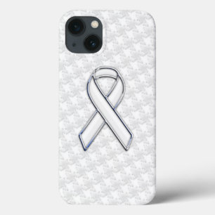 Chrome White Ribbon Awareness on Houndstooth Style iPhone 13 Hoesje