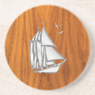Chrome Zilver als Zeilboot op Teak Fineer Zandsteen Onderzetter