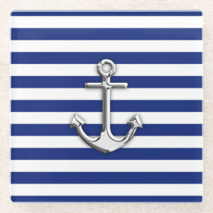 Chrome zoals Anchor Nautical Navy Blue Stripes Glazen Onderzetter