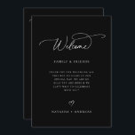 Chronologie du week-end de bienvenue du mariage<br><div class="desc">Carte de programme minimaliste moderne mariage d'accueil et de week-end d'événement timeline en noir et blanc. Caractéristiques du modèle, message de bienvenue sur la ligne d'itinéraire avant et week-end sur le dos. La chronologie des icônes du jour de mariage comprend des anneaux, des cocktails, des repas, des gâteaux, des notes...</div>