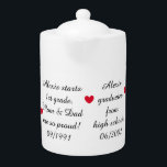 Chronologie - Élever un enfant : Teapot<br><div class="desc">Cette théière présente la chronologie d'un enfant de la naissance à l'université. Des moments spéciaux peuvent être revisités à travers cette intéressante théière. Fait un grand cadeau à l'enfant,  ou à un parent de l'enfant. Doux et émotionnel,  mais fonctionnel. Personnalisable . Par Sharon Lee Hudson.</div>