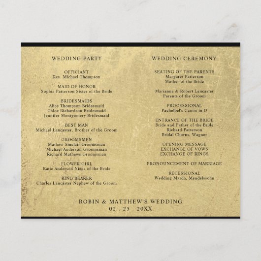 Chronologie et programme Mariage noir et or chic (Dos)