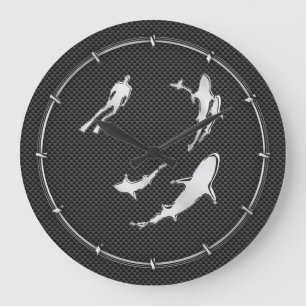 Chroom als duiker met haaien op koolstofvezel grote klok