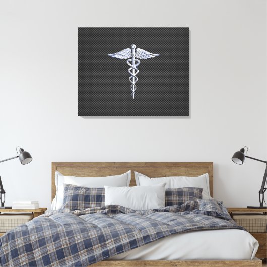 Chroom als kaduceus medisch symbool koolstofvezel canvas afdruk (Insitu (Slaapkamer))