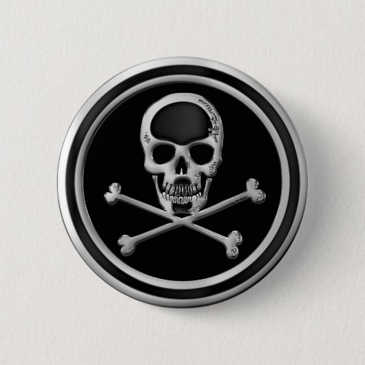 CHROOM SKULL EN ROSSBONEN RONDE BUTTON 5,7 CM (Voorkant)