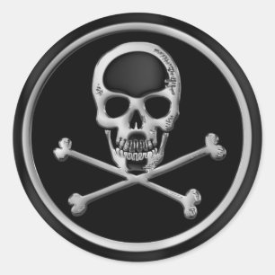 CHROOM SKULL EN ROSSBONEN RONDE STICKER