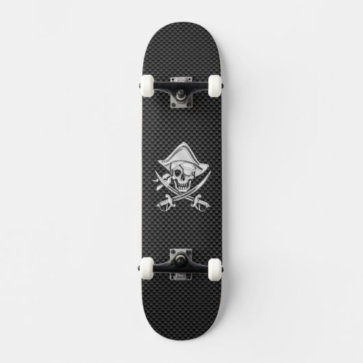 Chroomachtige piraat op zwarte koolstofvezel skateboard (Voorkant)