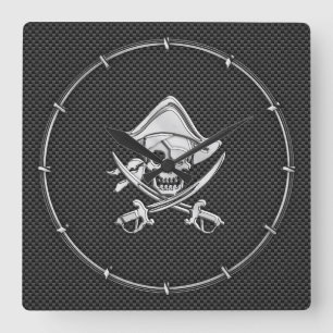 Chroomachtige piraat op zwarte koolstofvezel vierkante klok