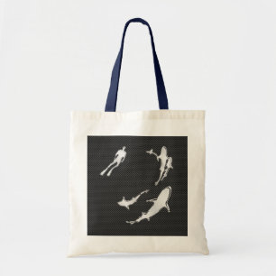 Chroomduiker met haaien op koolstofvezel tote bag