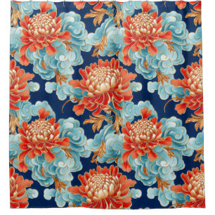 Chrysanten, Chinese wolkenpatroon achtergrond Douchegordijn
