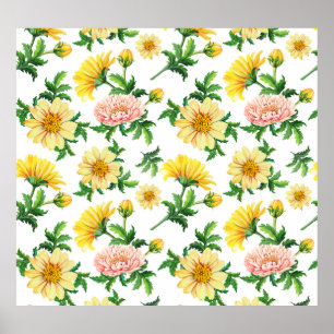 Chrysanten Waterverf: Naadloos bloemenontwerp Poster