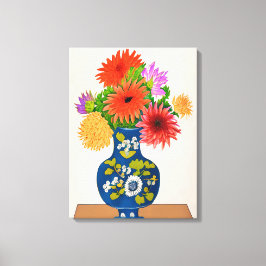Chrysanthema's in een Blauwe Chinese Vase Canvas Afdruk