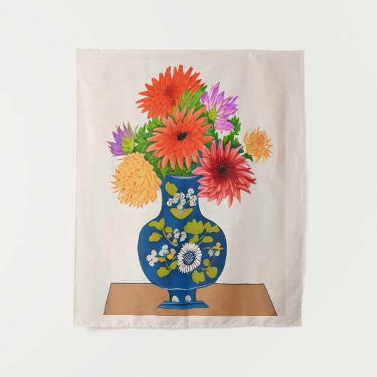 Chrysanthema's in een Blauwe Chinese Vase Wandkleed (Voorkant)